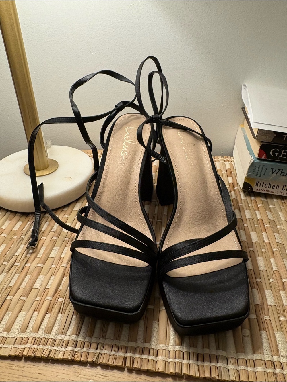 Lulu's Black Strappy Square-Toe Lace-Up Heels 7.5